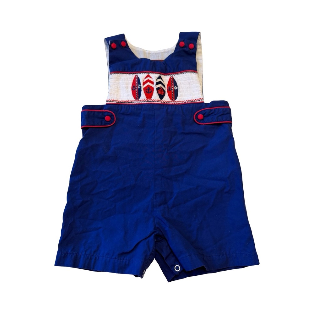 Lil Cactus Boys Blue Smocked Surfboard Nautical Cotton Jon Jon Romper 18-24M
